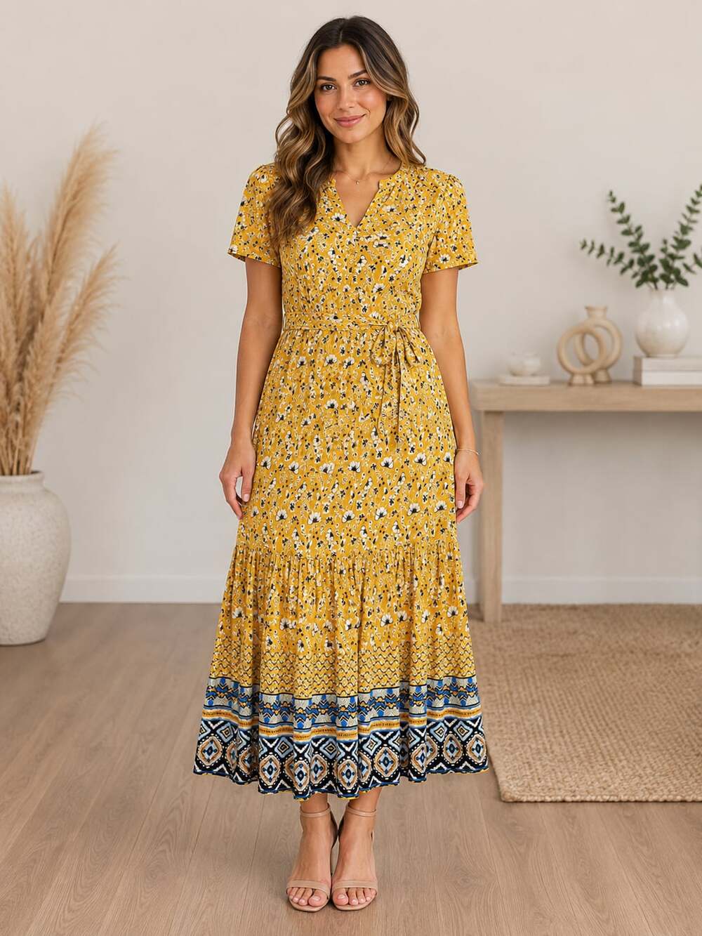 Natura Yellow Floral Boho Tiered Midi Dress XS Viscose Festival Cottagecore